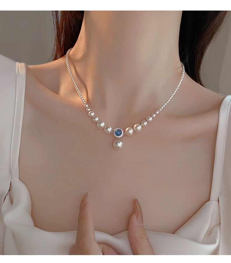 Natural Australian White Jellyfish Shell Pearl Necklace for Women with Aquamarine Gradient Elegant Collarbone Chain