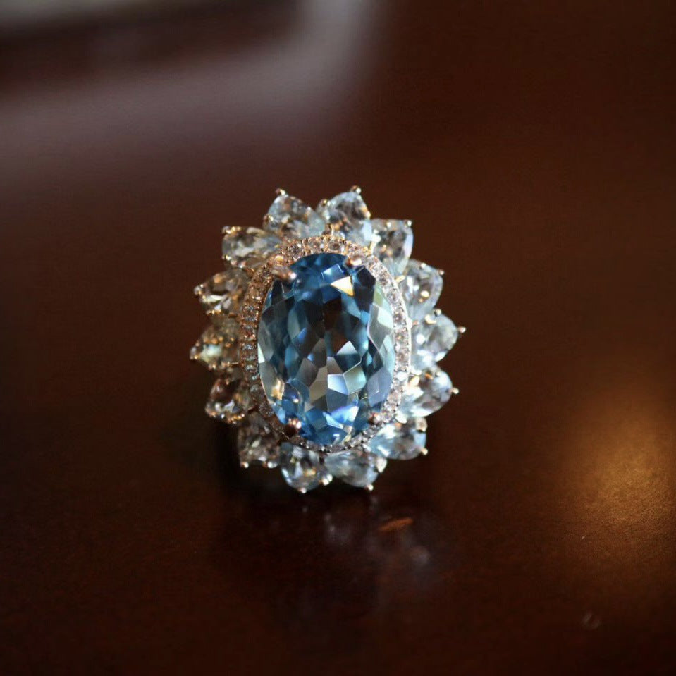S925 Sterling Silver Full Craft Inlaid with Aquamarine Natural Topaz Ring