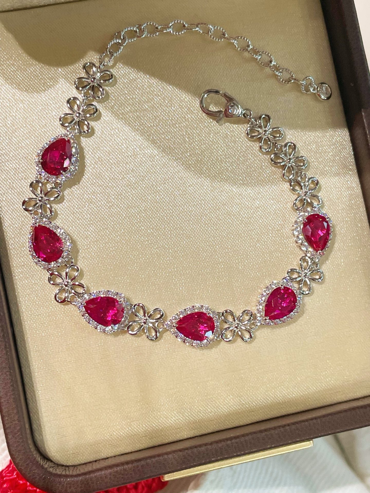 925 Silver Gold Plated Red Corundum Water Drop Flash Diamond Bracelet