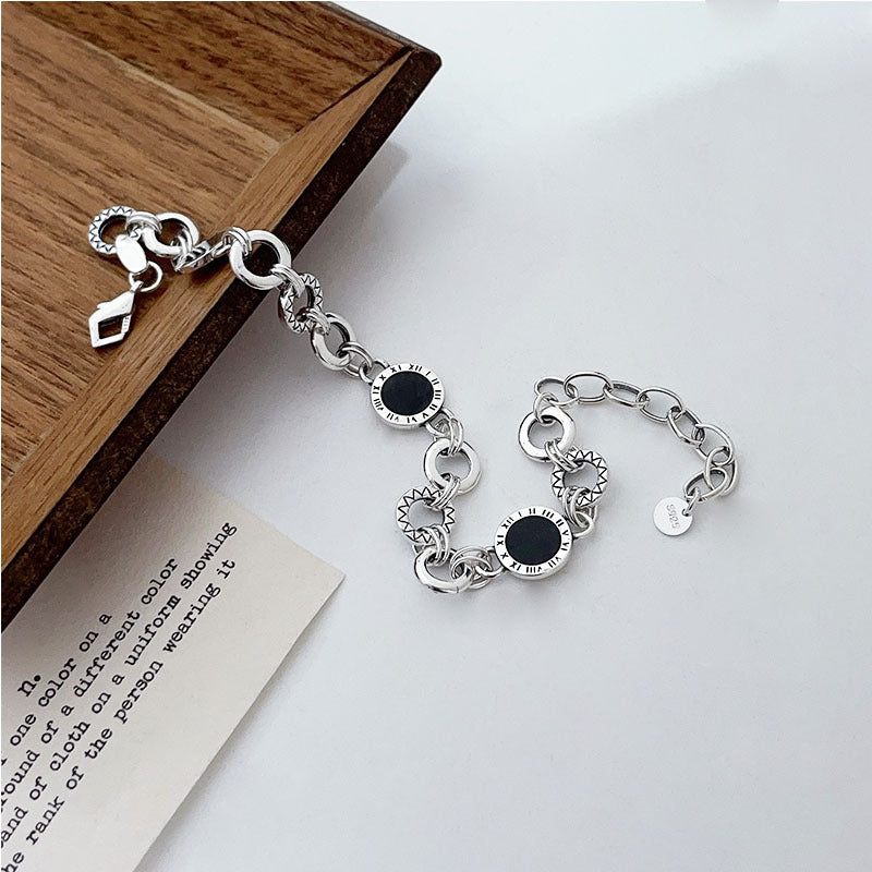 S925 Sterling Silver Black Enamel Bracelet for Women New Roman Numeral Splicing High-end Original Design Bracelet