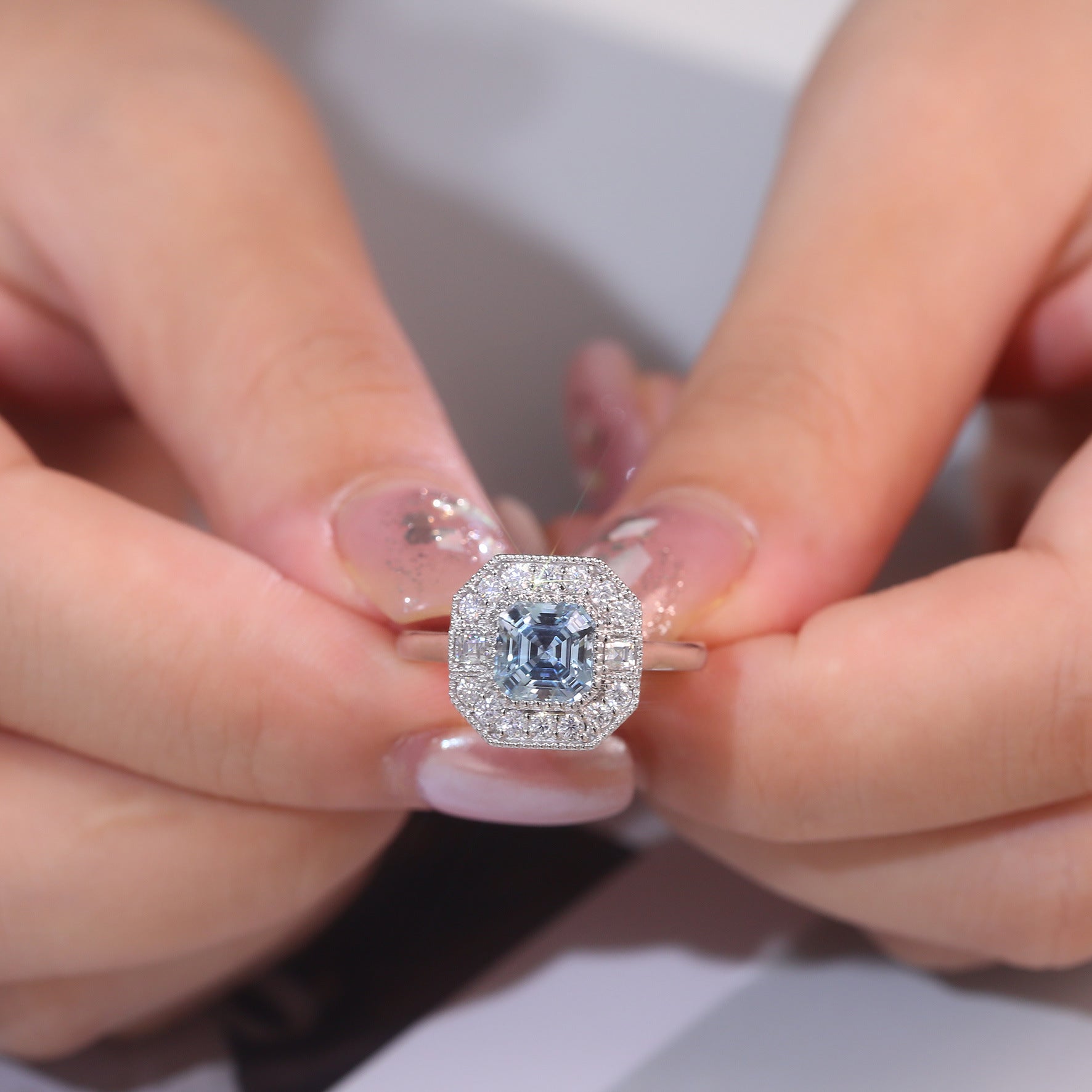 18K Gold Ring for Women Cross-Border Live Streaming Ascher Aquamarine Ring