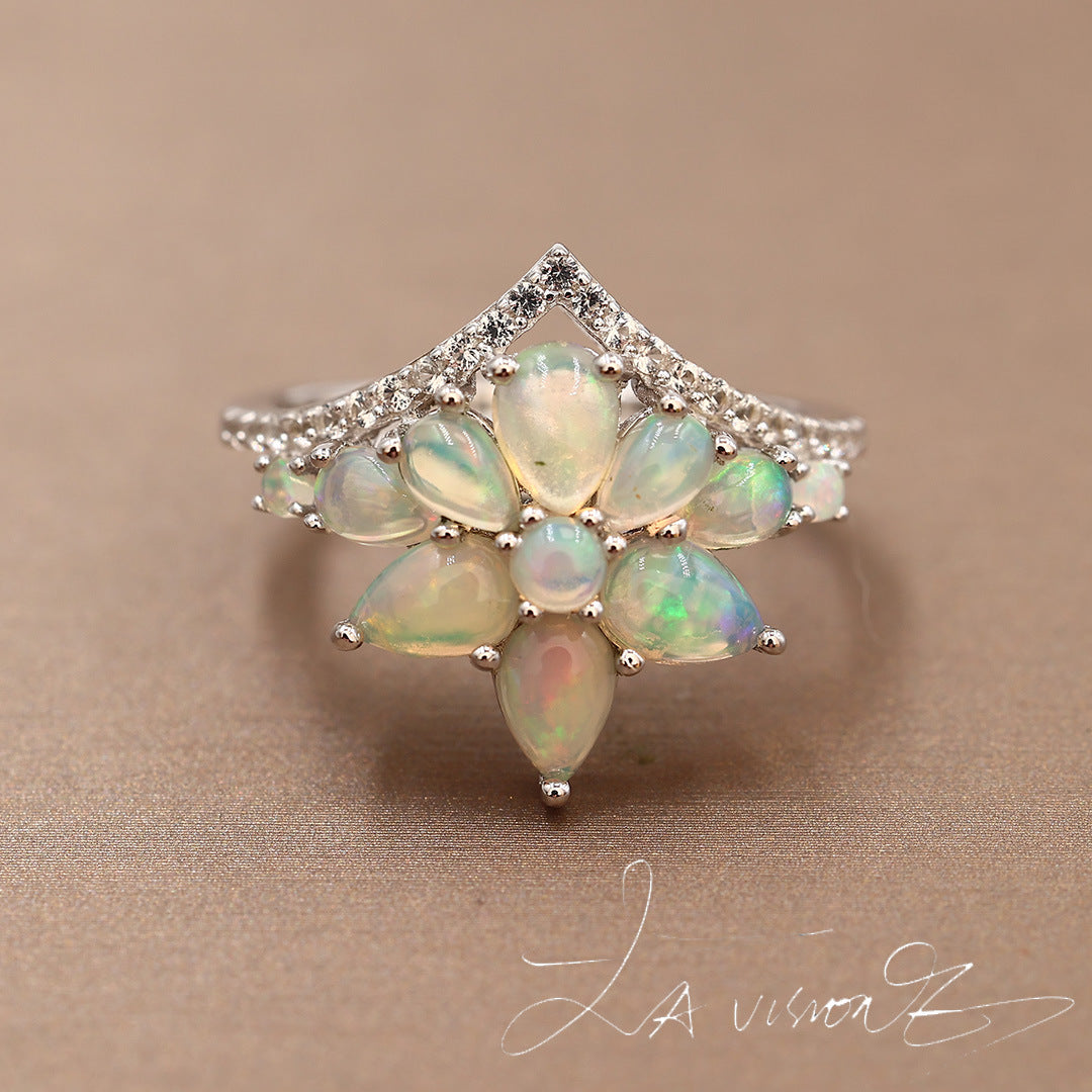 S925 Silver Inlaid Natural Opal Vintage Jewelry Synthetic White Sapphire Ring