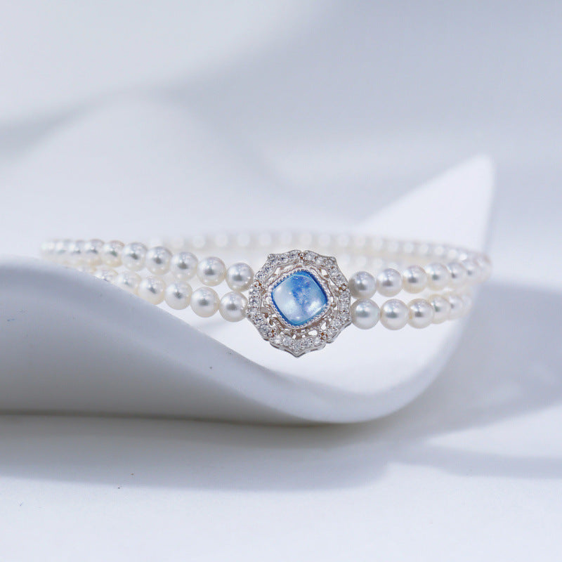 Pearl Double Layer Stacked Natural Freshwater Pearl Aquamarine Bracelet