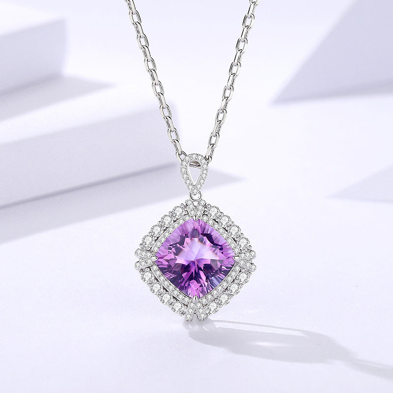 Amethyst Stone Rhombus Necklace S925 Sterling Silver Cold and Silent Elegant Style Clavicle Chain