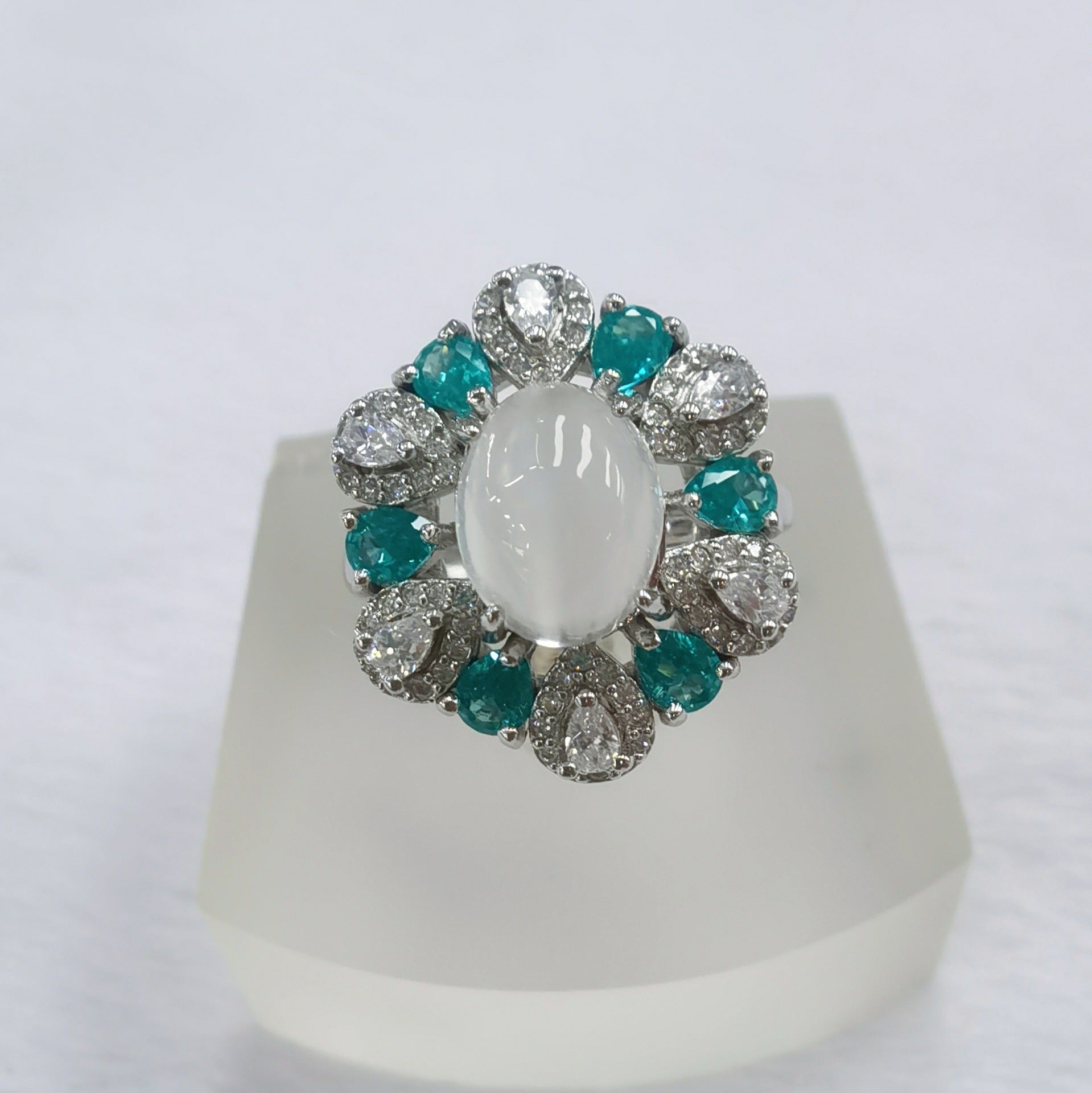 S925 Silver Platinum Plated Inlaid Moonstone Pendant Ring Jewelry Set