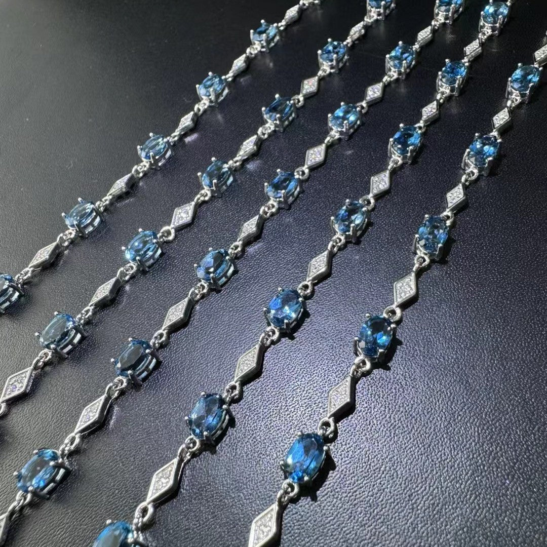 925 Silver Inlaid Main Stone 4*6mm Blue Topaz Bracelet