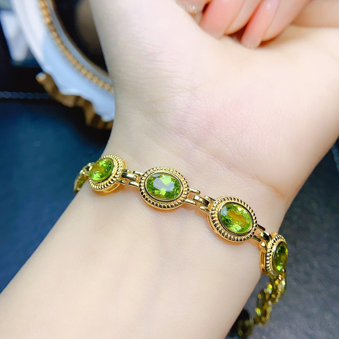 S925 Silver Inlaid Main Stone 6*8 Natural Peridot Bracelet