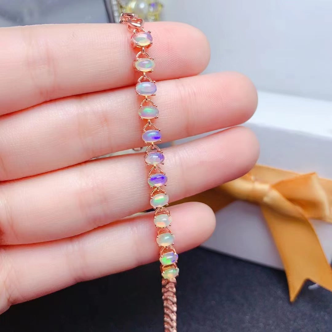 Natural Opal Bracelet 925 Silver Fine Inlay Full Pure Body Simple Retro European and American Style Bracelet Gemstone Jewelry Bracelet