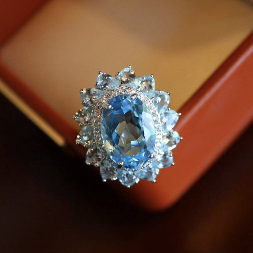 S925 Sterling Silver Full Craft Inlaid with Aquamarine Natural Topaz Ring