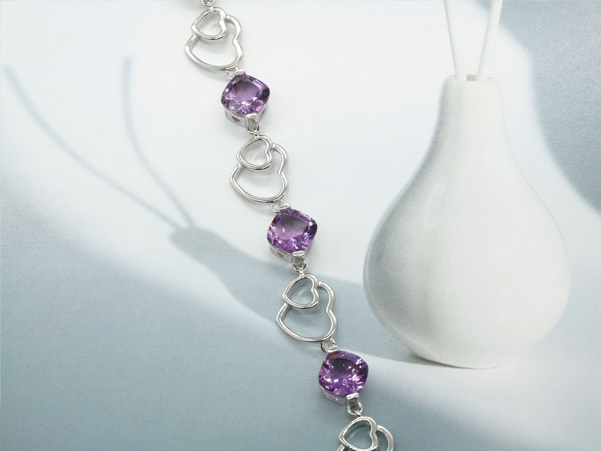 925 Sterling Silver Bracelet Love Double Heart Inlaid Amethyst Women's Bracelet