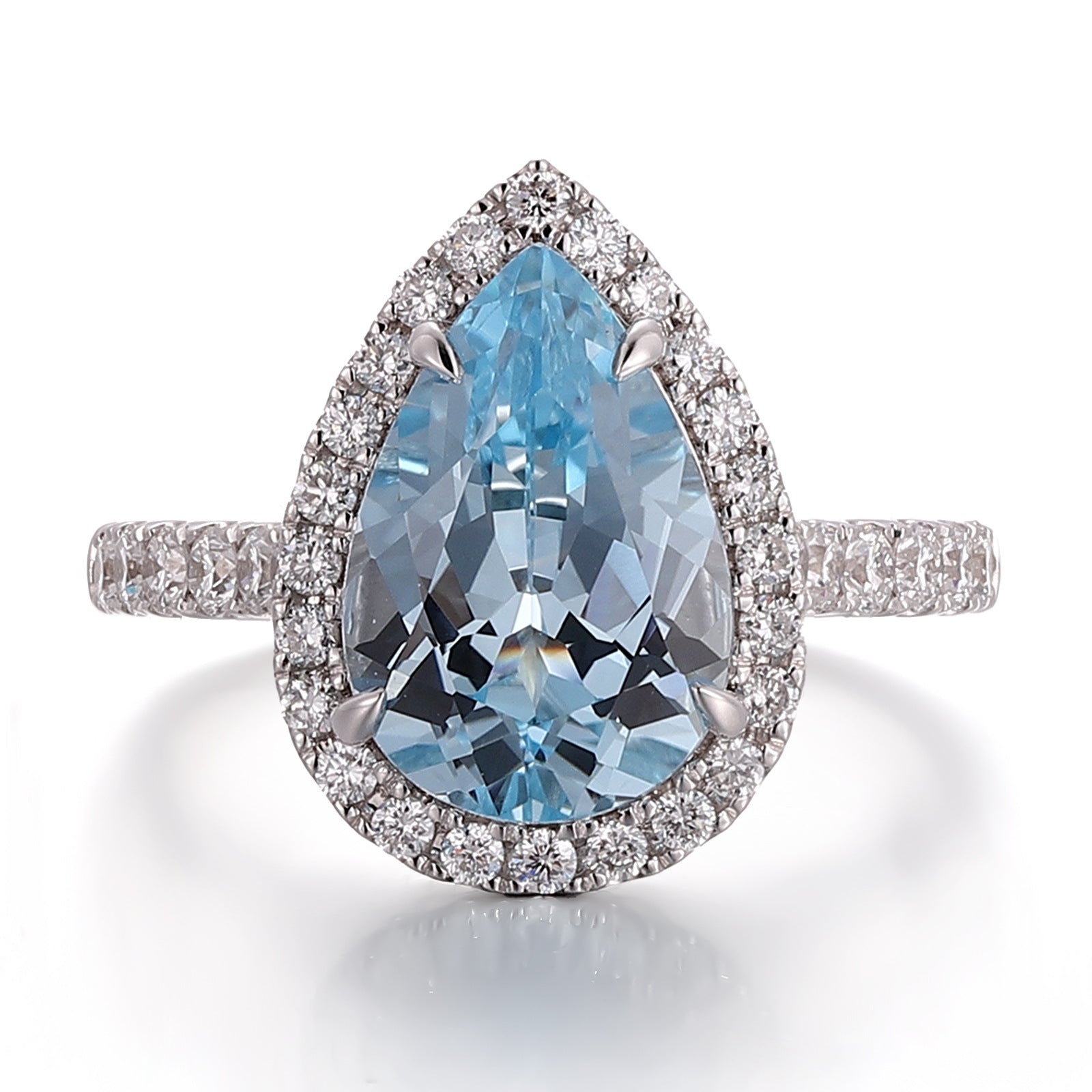 Aquamarine Ring 14K White Gold 3 Carat Drop Shape Cultured Gemstone Ring