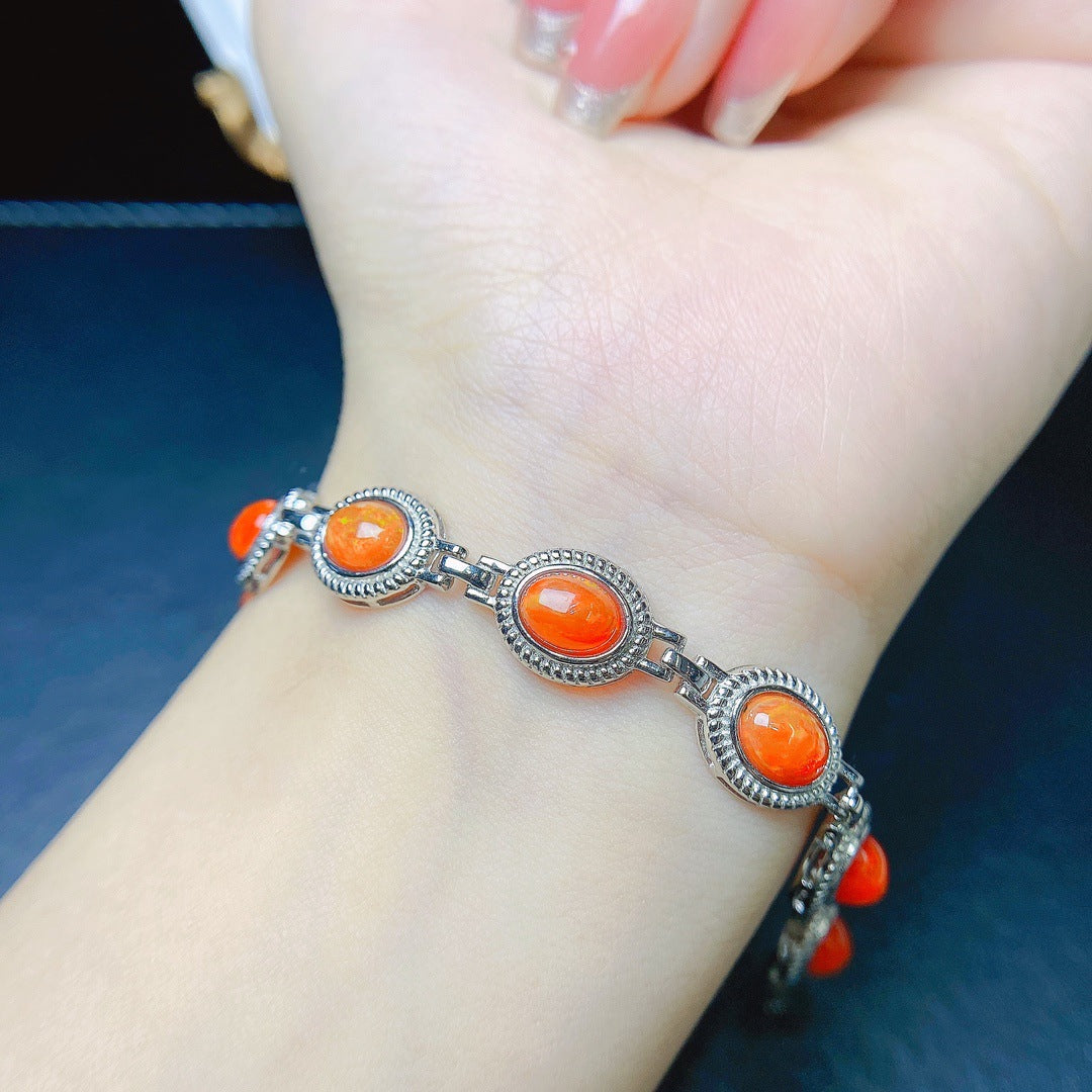 S925 Silver Inlaid Main Stone 6*8 Natural Fire Opal Bracelet