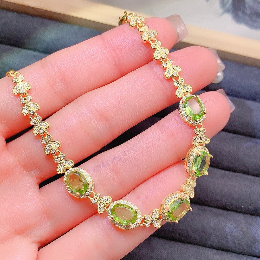 S925 Sterling Silver Fashion Niche Design Oval 5*7mm Natural Peridot Bracelet
