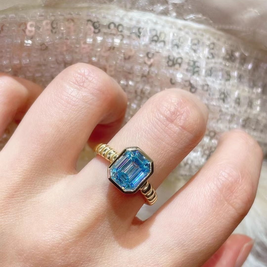 925 Silver Gold Plated High Carbon Diamond Asscher Aquamarine T Square Ring