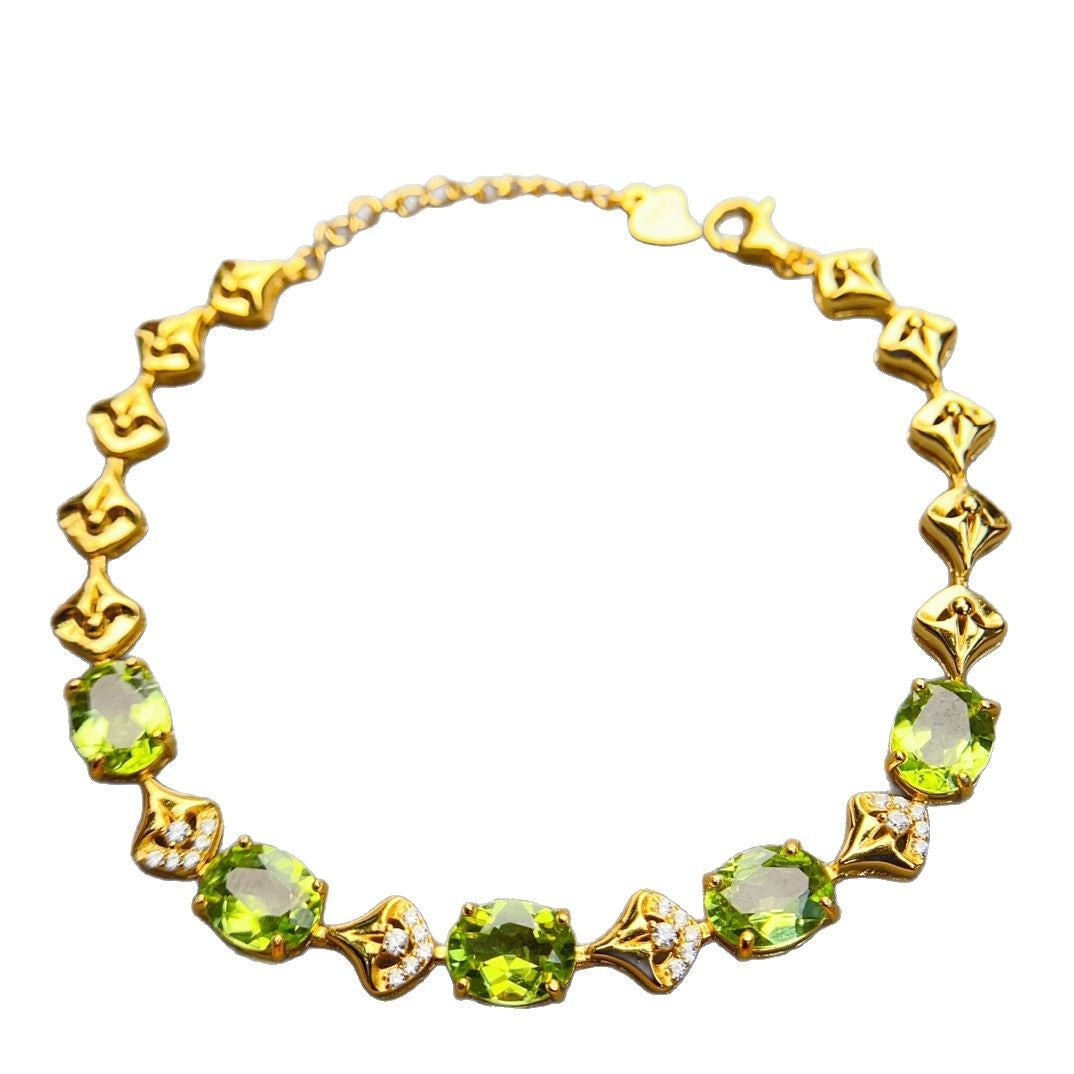 S925 Silver Inlaid Main Stone 6*8mm Natural Peridot Bracelet