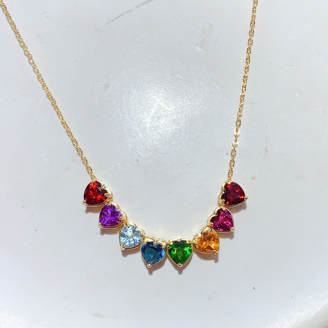 S925 Silver Inlaid Multi-Gem Necklace Heart Simple Fashion Versatile High-End Color Gem Necklace