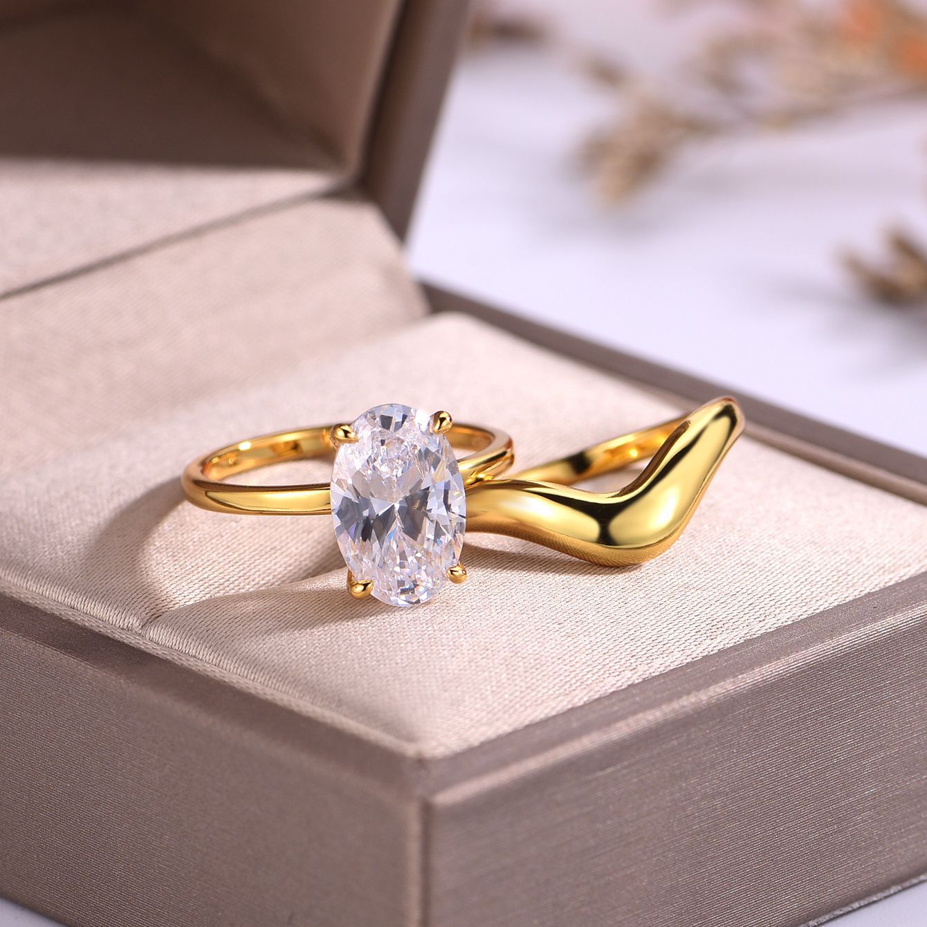 S925 Silver Moissanite Two-Piece Oval Ring Set for Women, Smooth Minimalist Stackable Design, Hot Selling