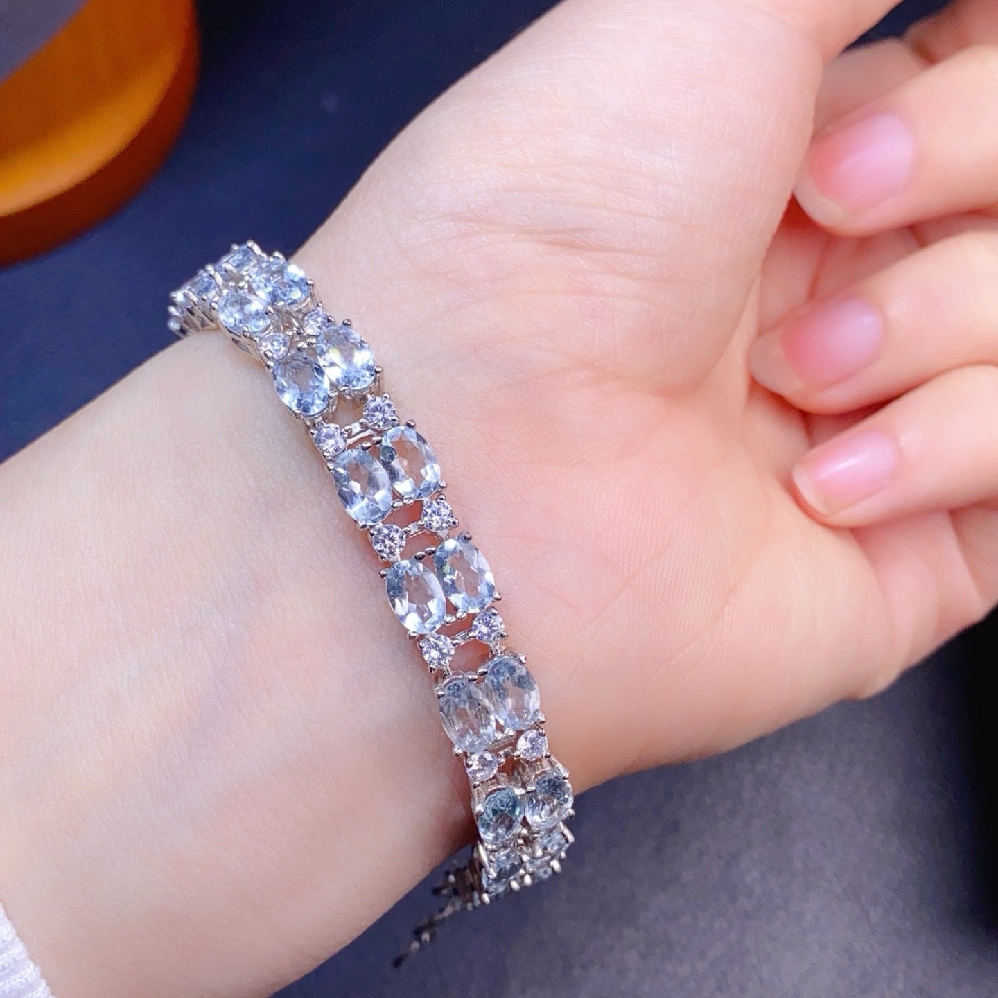 S925 Silver Inlaid Main Stone 4x6mm Natural Aquamarine Bracelet