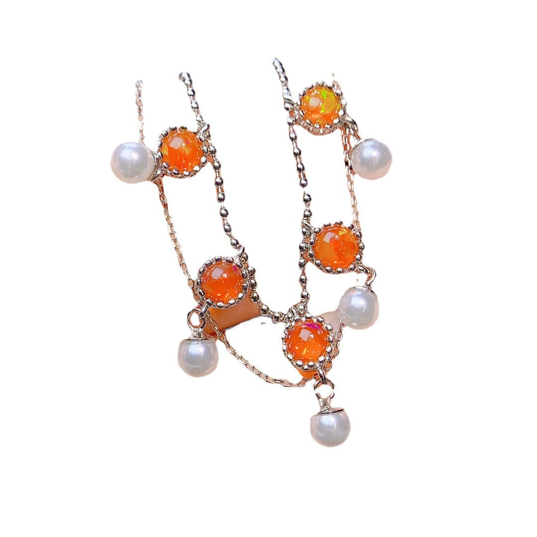 S925 Silver Inlaid Main Stone Natural Fire Opal 5*5 Necklace