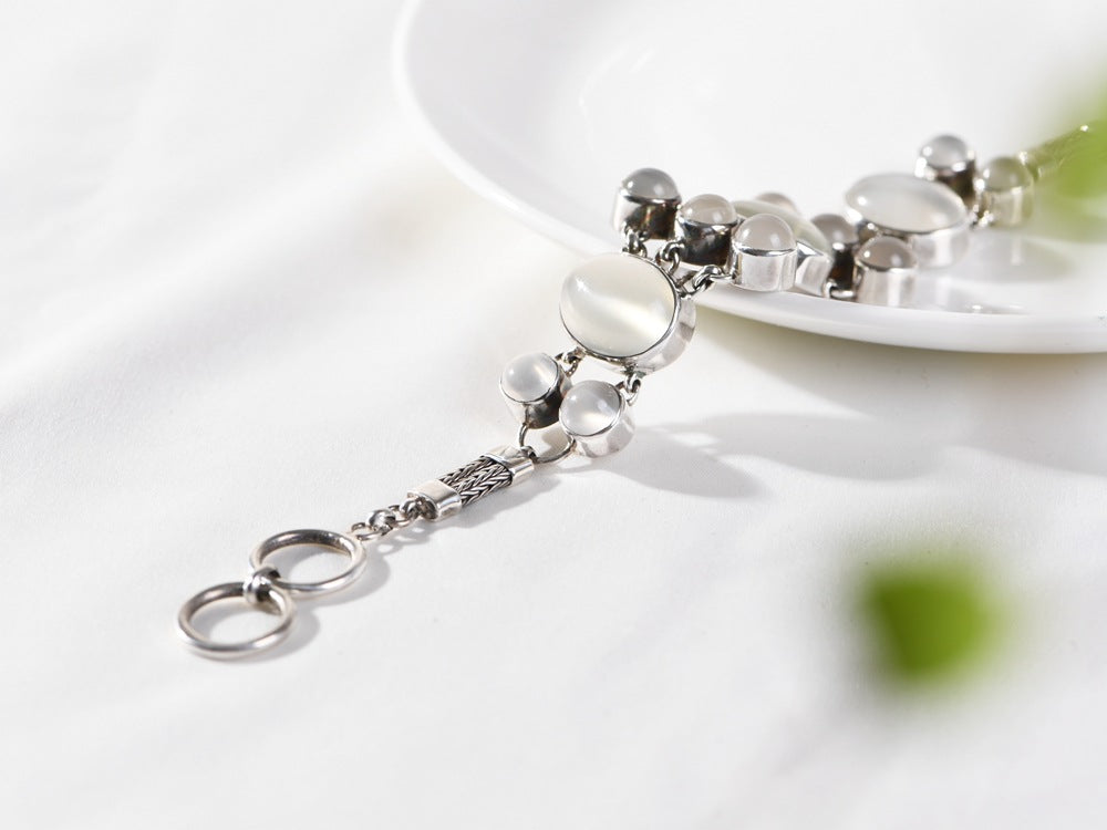 S925 Silver Jewelry Bracelet Vintage Distressed Inlaid with Egg White Agate Moonstone Fashion Women's Bracelet