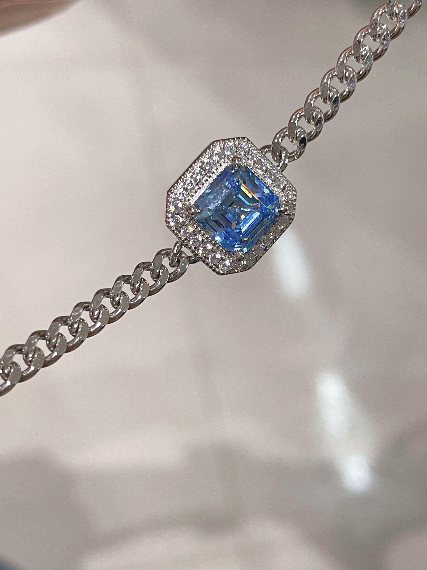 S925 Silver Electroplated 18K Gold Sugar Cube Sparkling Diamond Aquamarine Simple Bracelet