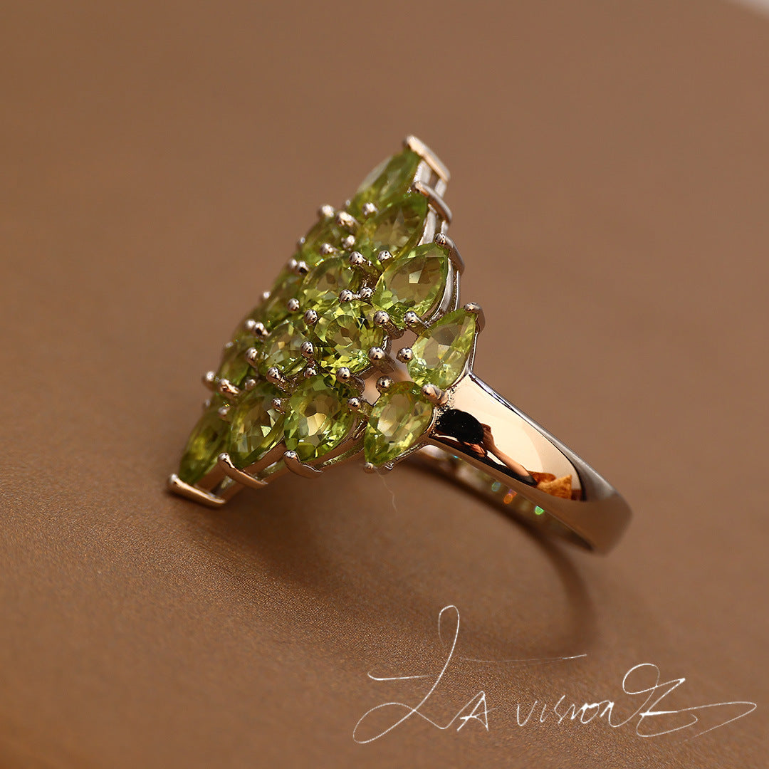 S925 Silver Inlaid Natural Peridot Pomegranate Ring