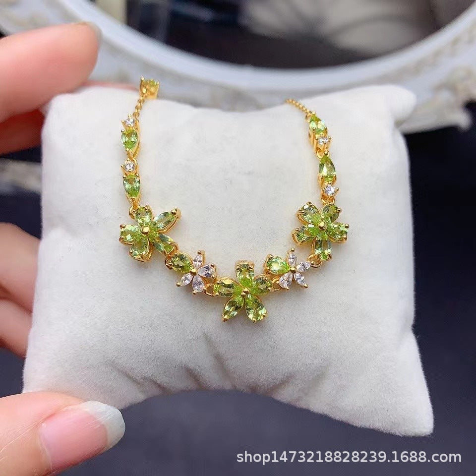 Natural Peridot S925 Sterling Silver Gold Plated Flower Peridot Bracelet