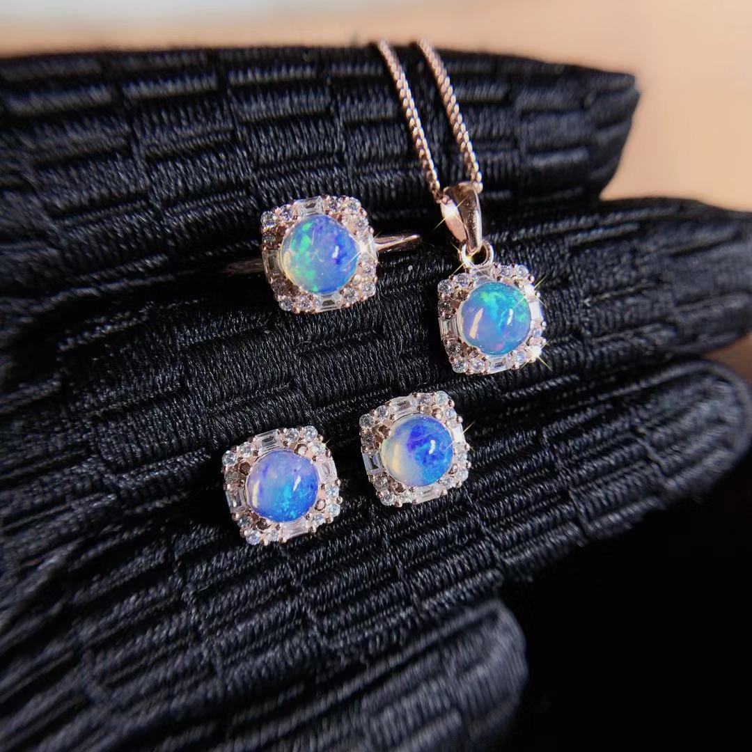 Natural Opal Set 925 Silver Inlaid Pendant Ring Jewelry for Women Gift for Girlfriend Live Supply