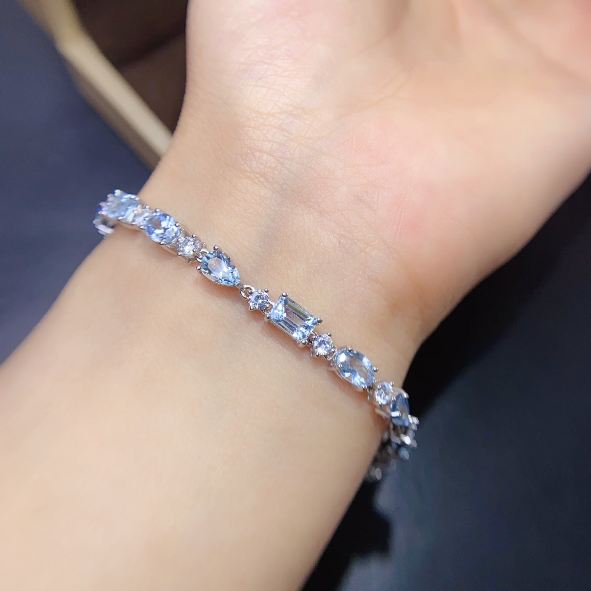 925 Silver 6*4 4*5mm Crystal Fresh Natural Aquamarine Bracelet