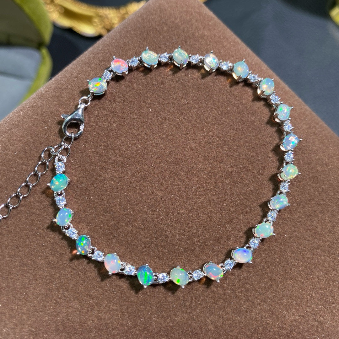 S925 Sterling Silver Natural Opal Bracelet for Women, Australian Opal 4x4mm, Vintage Classic Luxury Elegant Dinner Party Jewelry