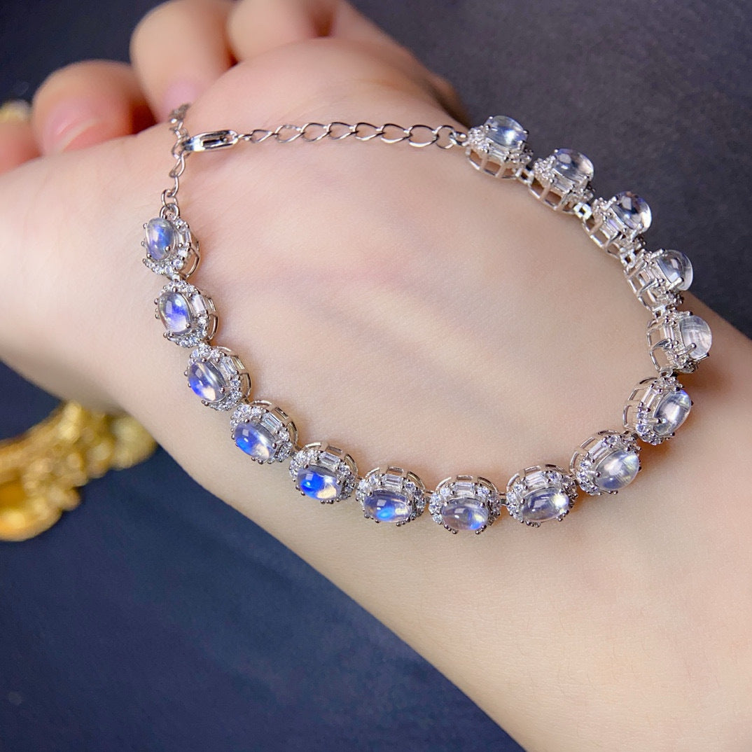 Natural Moonstone Bracelet Premium Blue Moonstone Glass Body Micro Cotton Particles Strong Blue Light 925 Silver Precision Craft 3*5