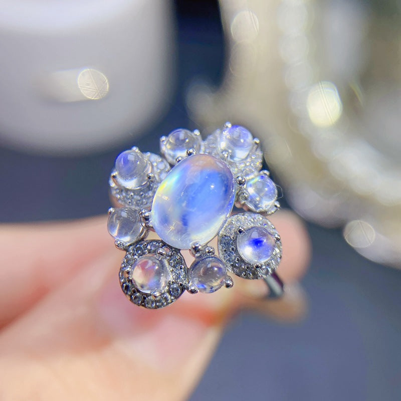 Moonstone Ring 925 Silver Inlaid with Natural Blue Moonstone Adjustable Women's Ring