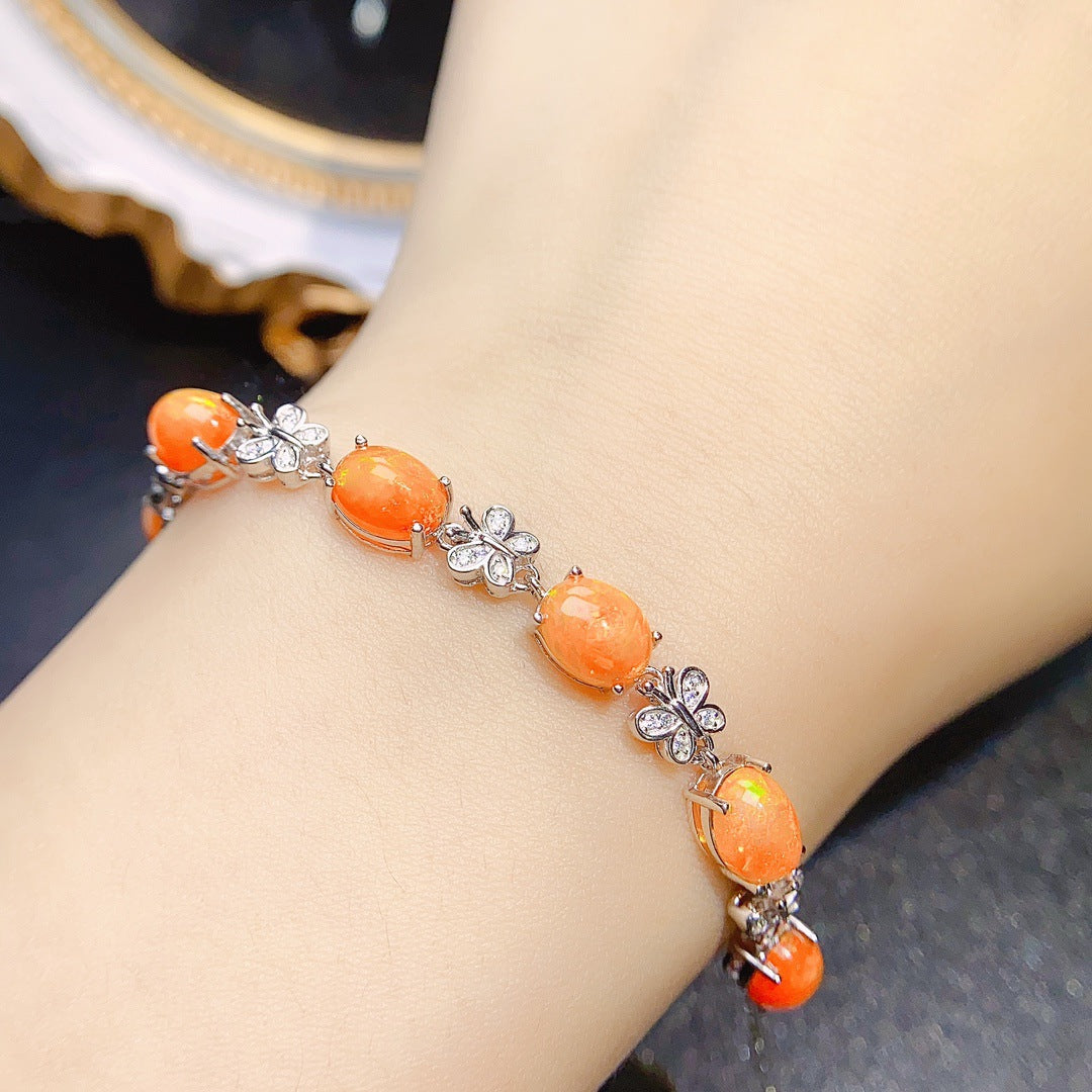 S925 Silver Inlaid Main Stone 6*8 Natural Fire Opal Bracelet