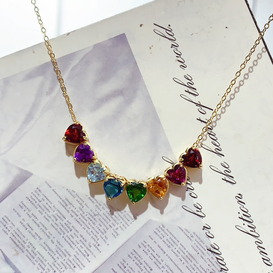 S925 Silver Inlaid Multi-Gem Necklace Heart Simple Fashion Versatile High-End Color Gem Necklace