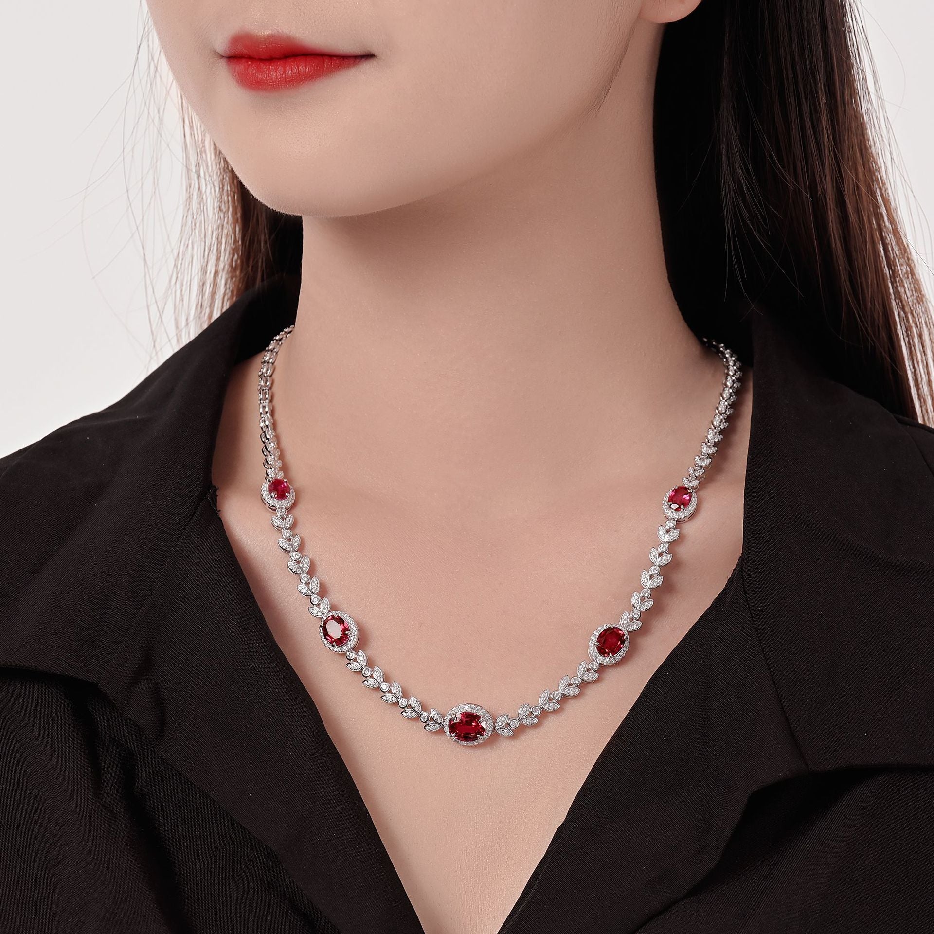 S925 Sterling Silver Luxury Vintage Cultivated Red Sapphire Wheat Ear Fashion Jewelry Necklace
