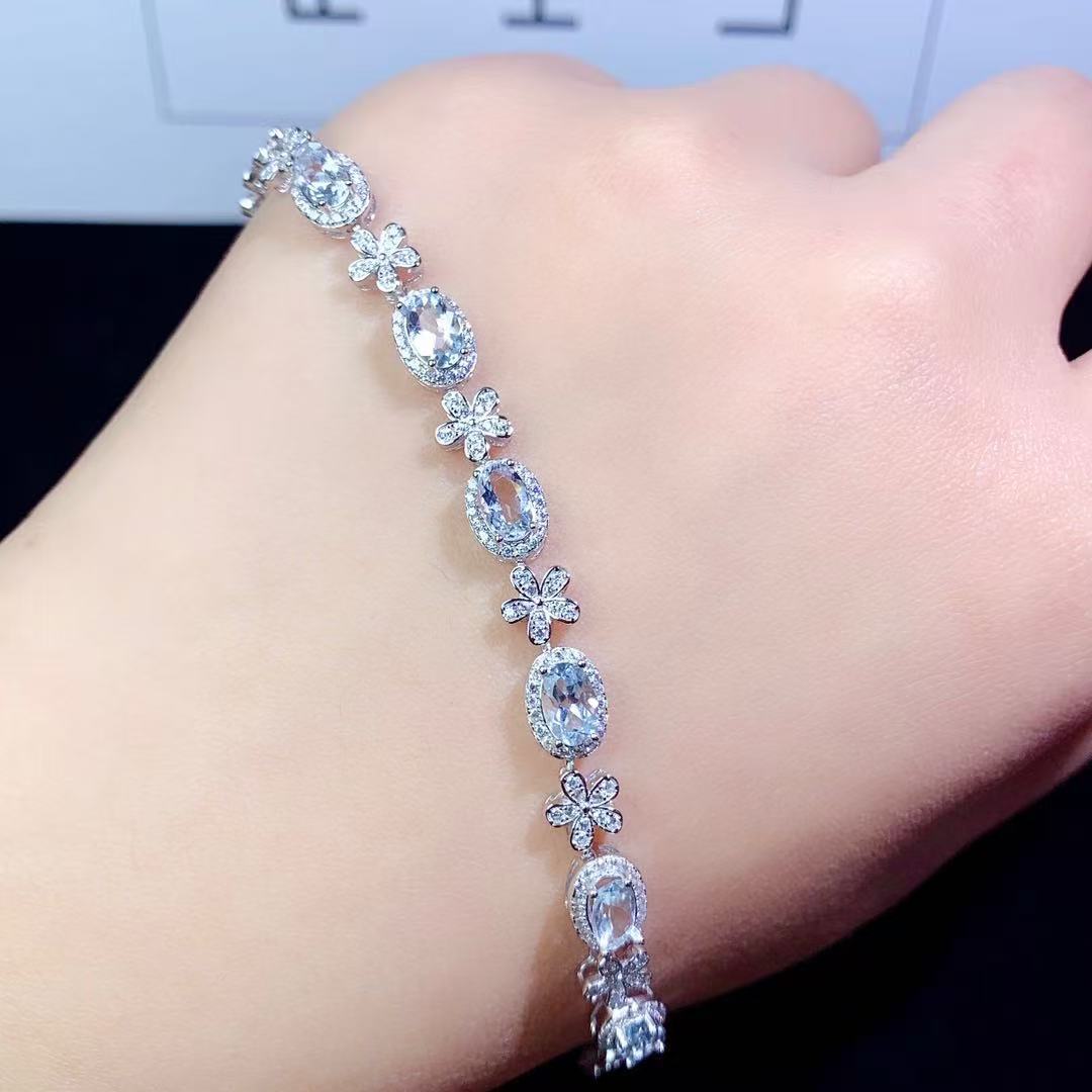 925 Sterling Silver Inlaid Flower Exquisite Niche Design Colorful Gemstone Natural Aquamarine Bracelet