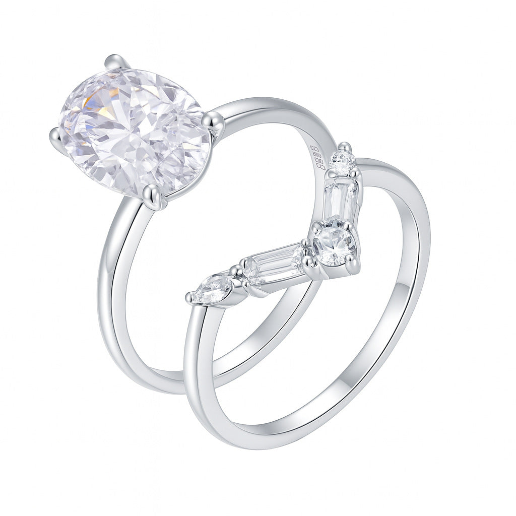 Bague en argent S925, ensemble deux pièces, pierre principale en moissanite de forme ovoïde, sertie sur un support indépendant, vente en gros. 