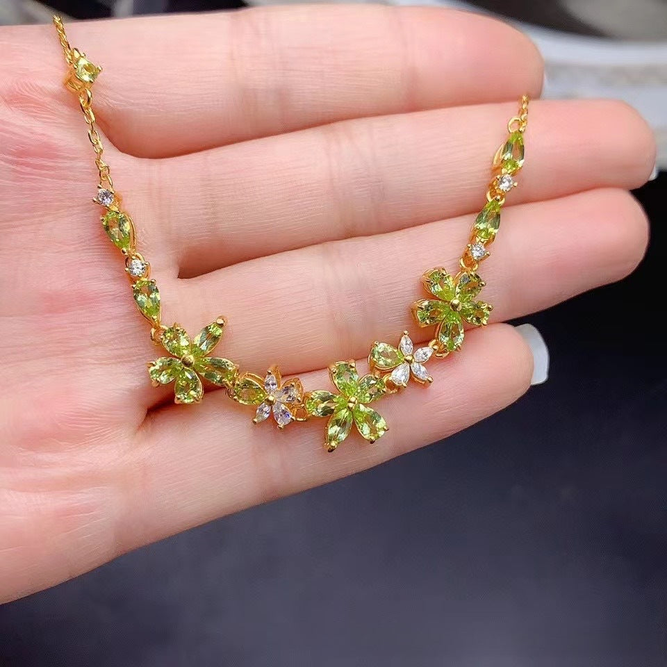 Natural Peridot S925 Sterling Silver Gold Plated Flower Peridot Bracelet