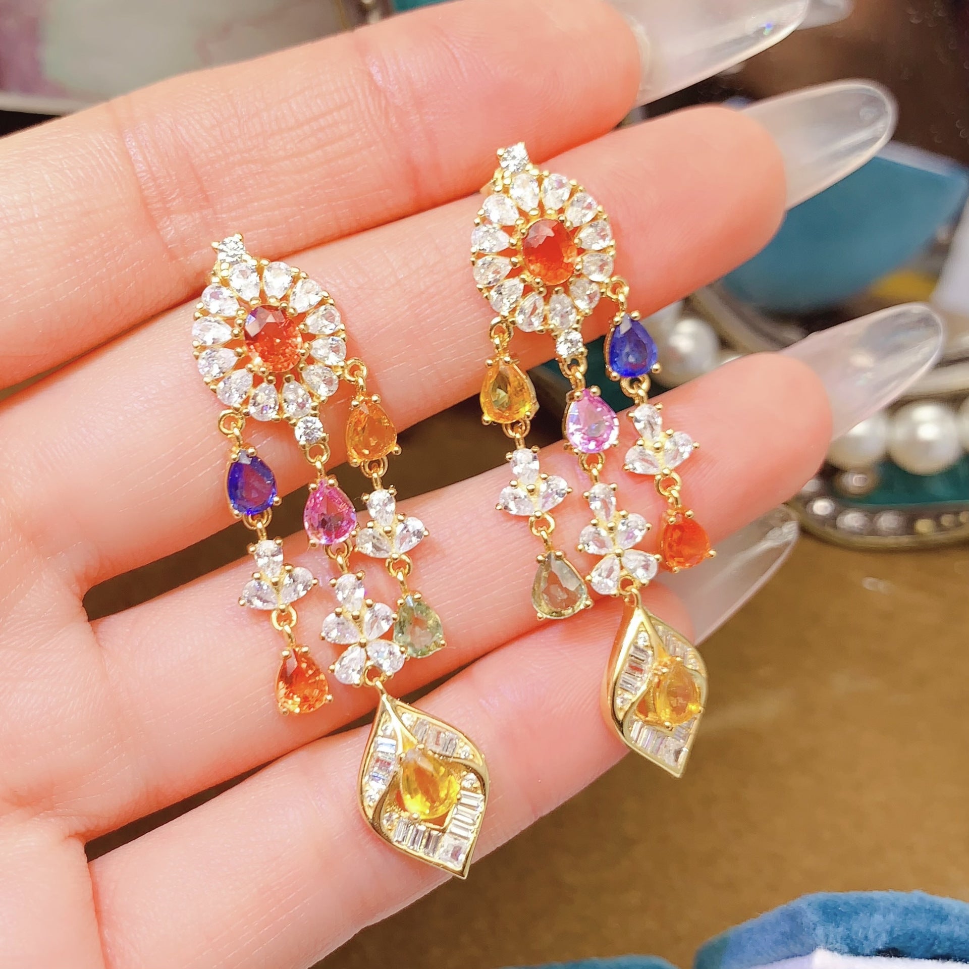 S925 Earrings Niche High-End Feel Earrings 4*5mm Natural Colorful Sapphire Earrings