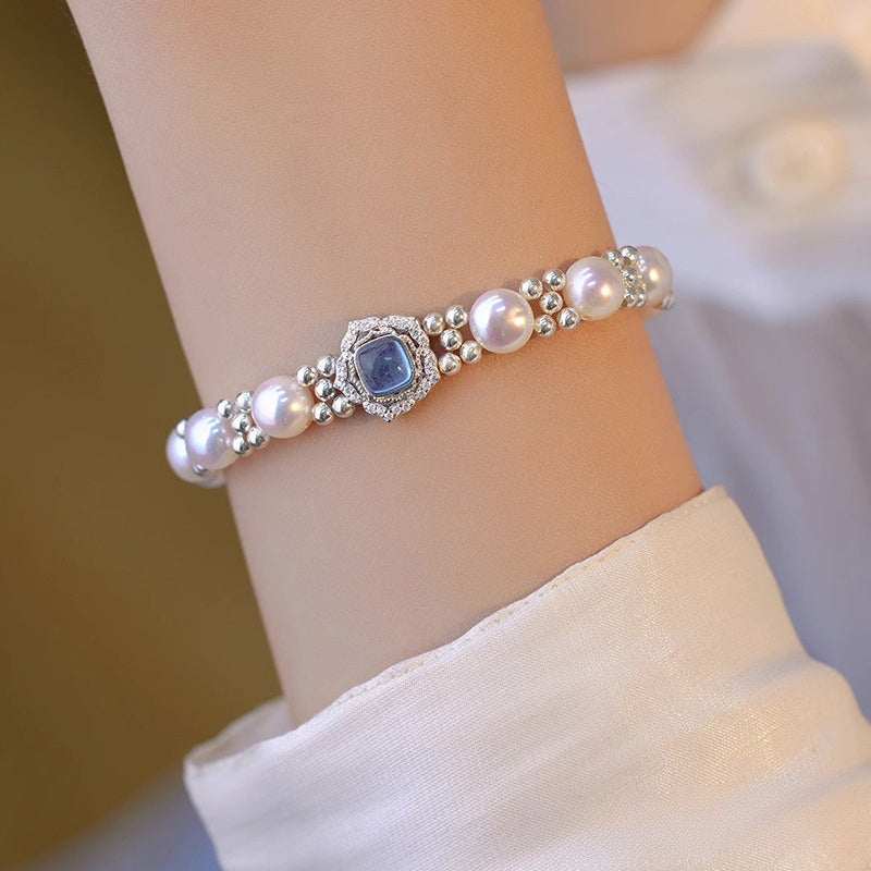 999 Sterling Silver Light Luxury Sea Blue Freshwater Pearl Bracelet