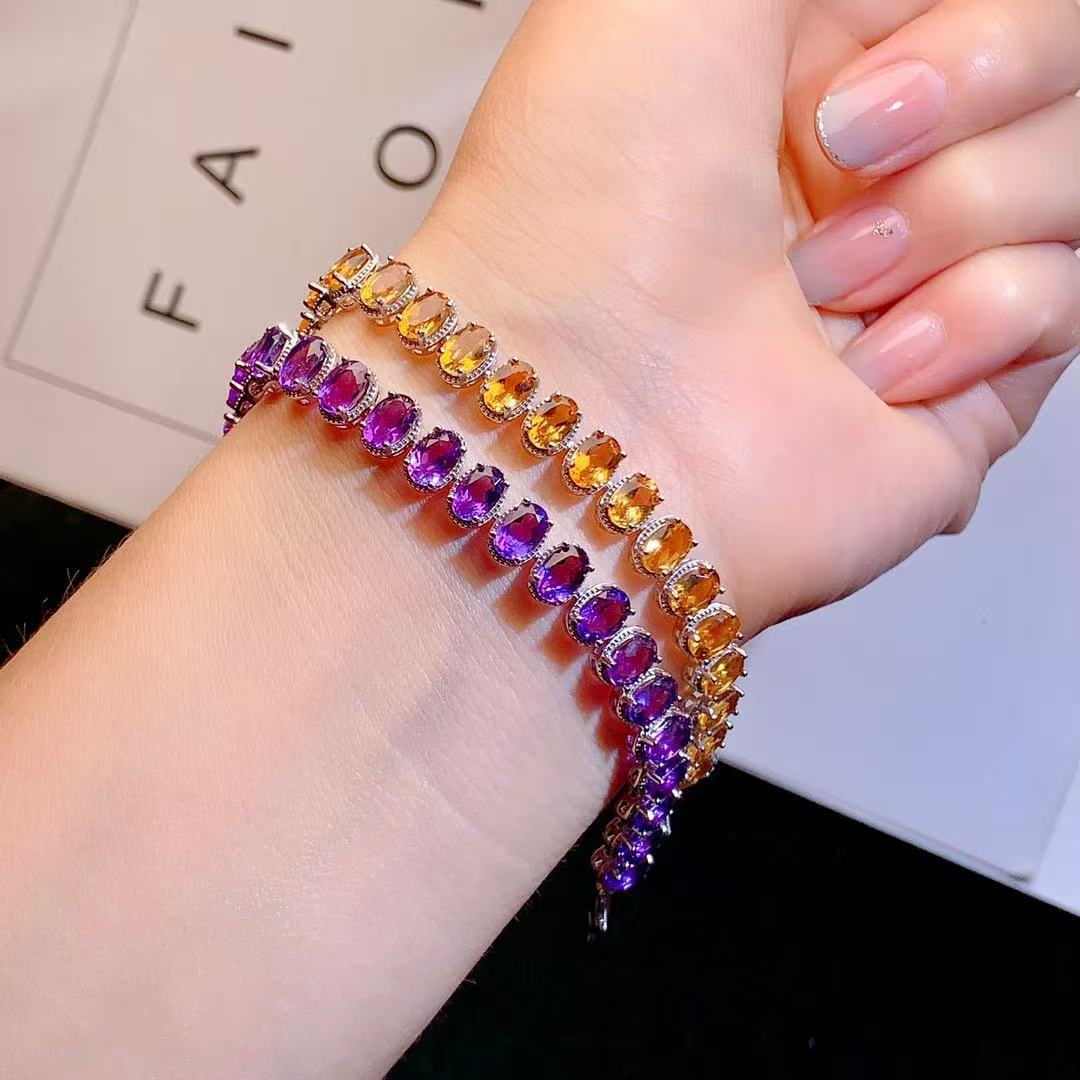 S925 Sterling Silver Simple Fashion Versatile Colorful Gemstone Amethyst Citrine Bracelet