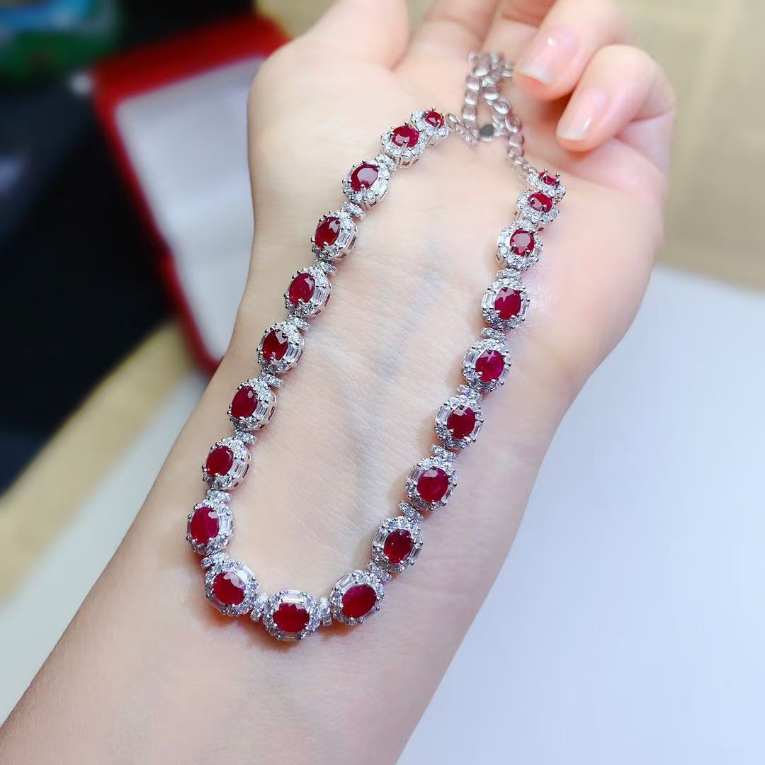 S925 Sterling Silver Inlaid Natural Old Burnt Ruby Necklace Light Luxury Heavy Craftsmanship Fashion Elegant High-end Jewelry