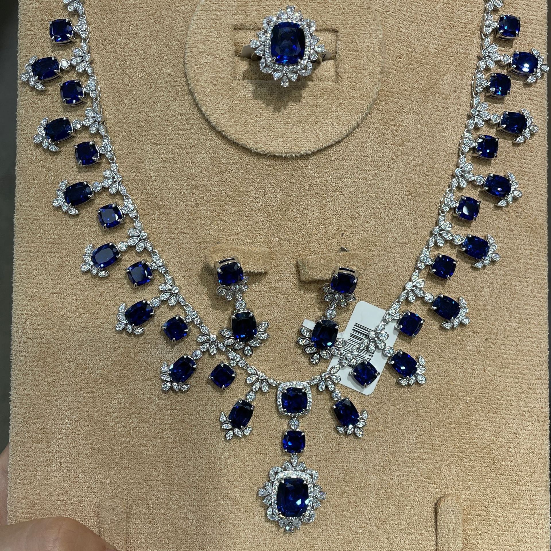 Elegant 5.5 Carat Cultivated Sapphire Pillow Shape Jewelry Set S925 Silver Ring