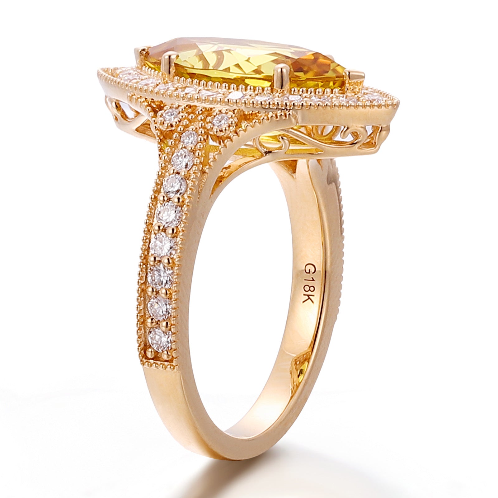 14K Gold 4ct Marquise Cultured Yellow Crystal Ring Light Luxury Vintage Gold Edge Inlaid Ring