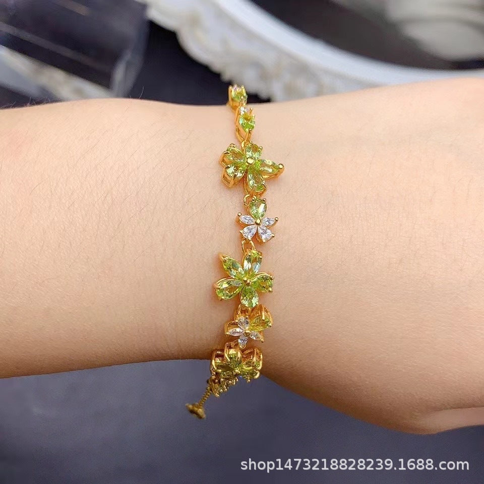 Natural Peridot S925 Sterling Silver Gold Plated Flower Peridot Bracelet