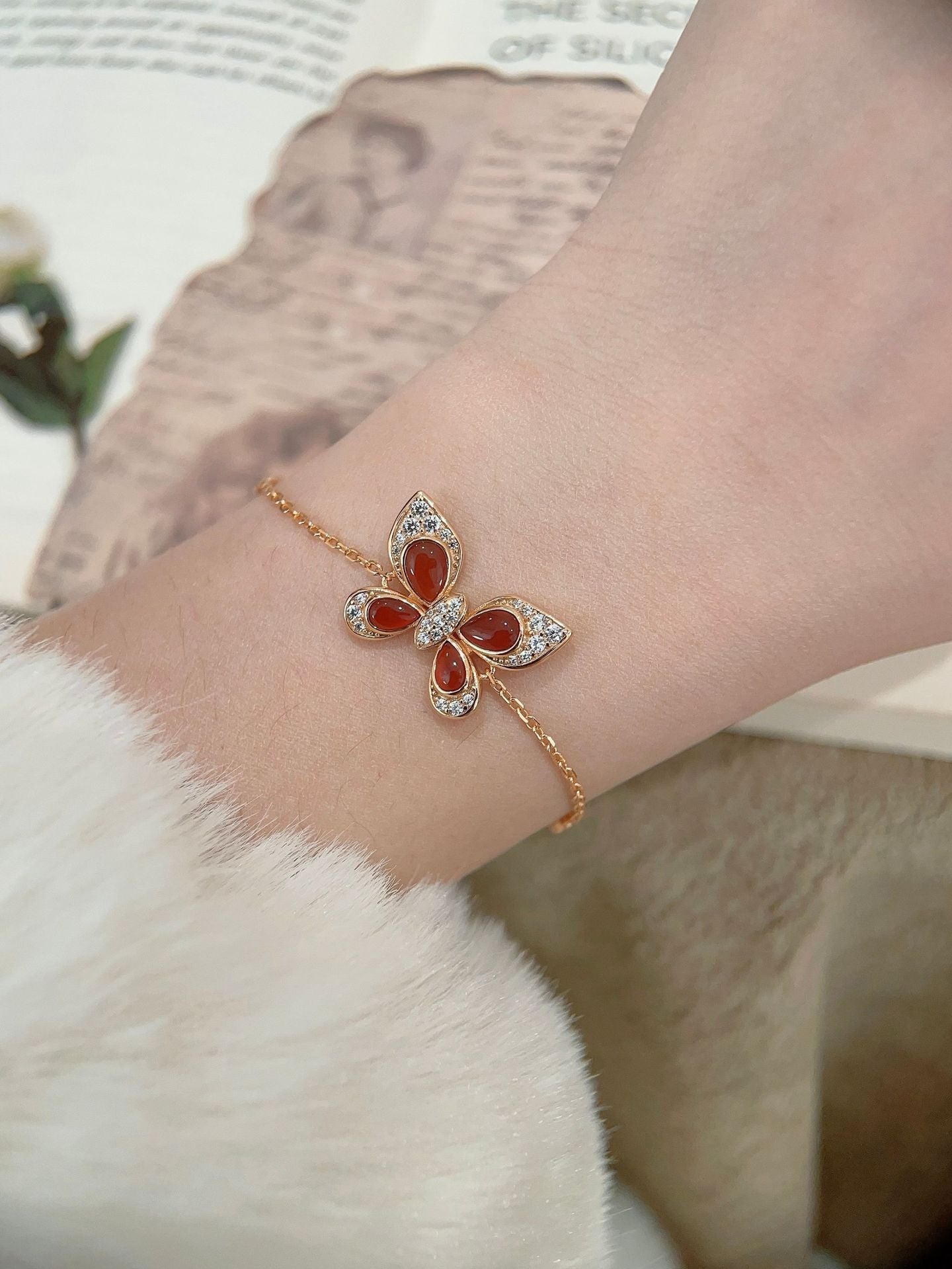 Inlaid Red Agate White Mother-of-Pearl Turquoise Sterling Silver Butterfly Bracelet