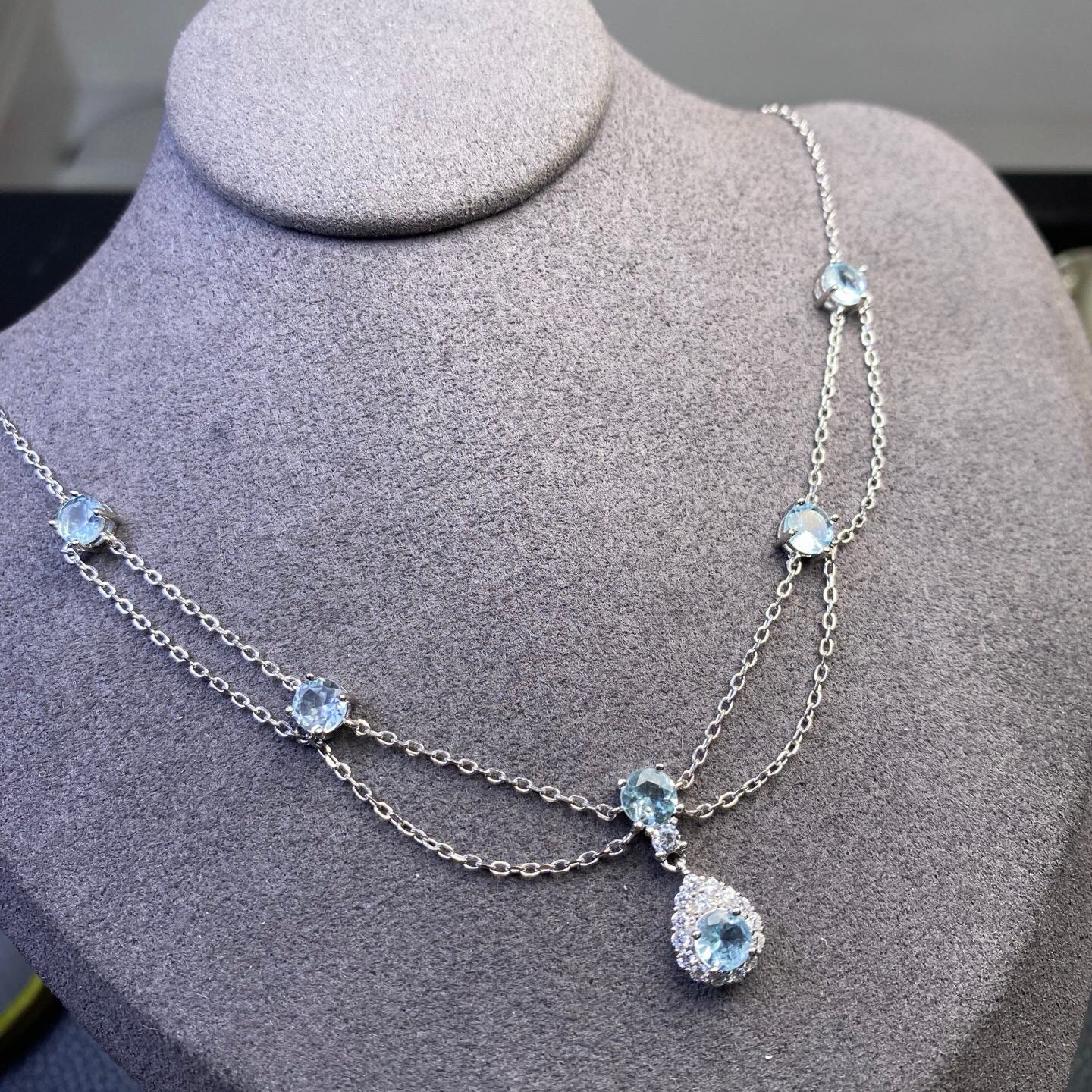 S925 Sterling Silver Aquamarine Tassel Pendant Necklace French Style High-end Light Luxury Vintage Dress Collarbone Chain