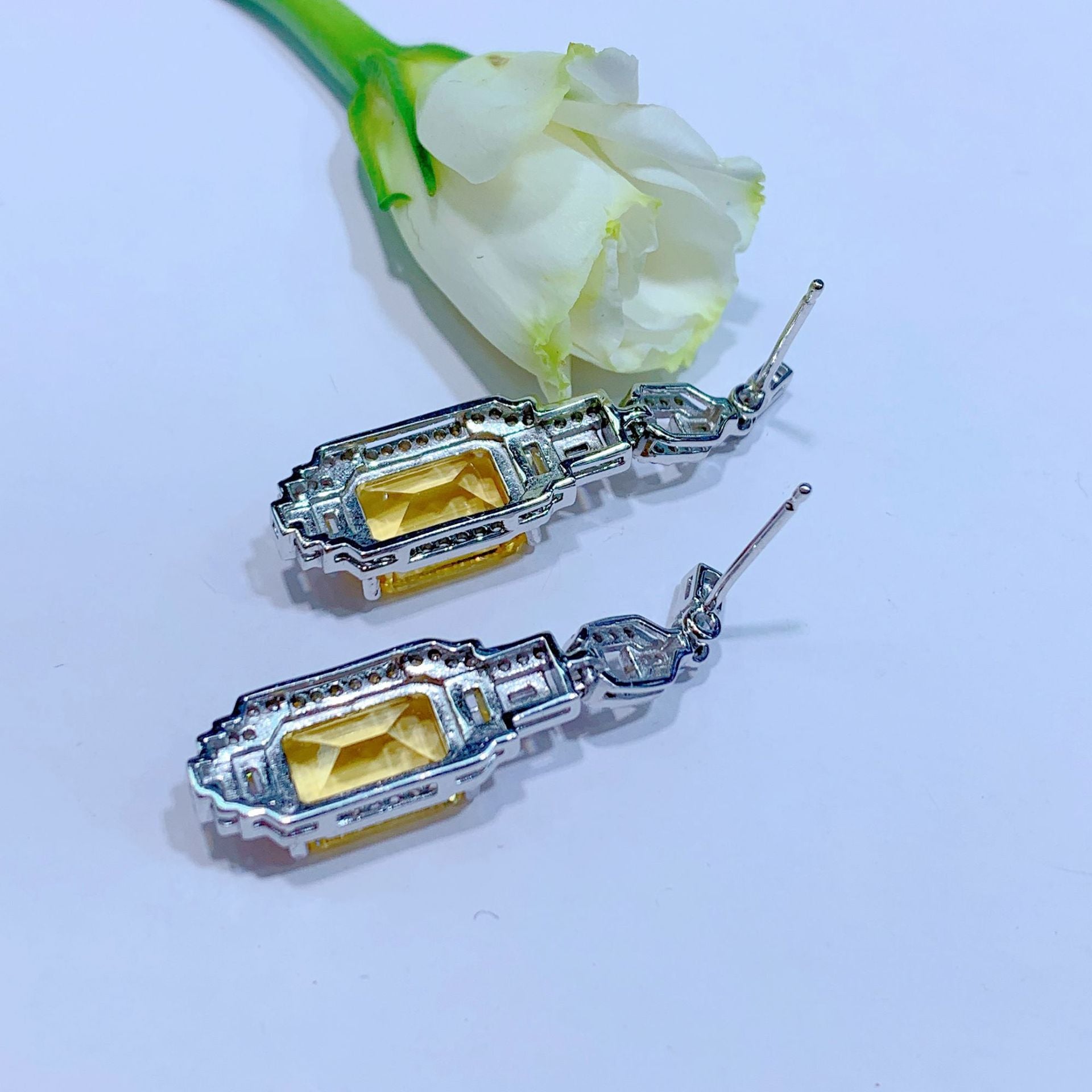 S925 Silver Platinum Plated Inlaid 7*10mm*2 Yellow Crystal French Niche Earrings