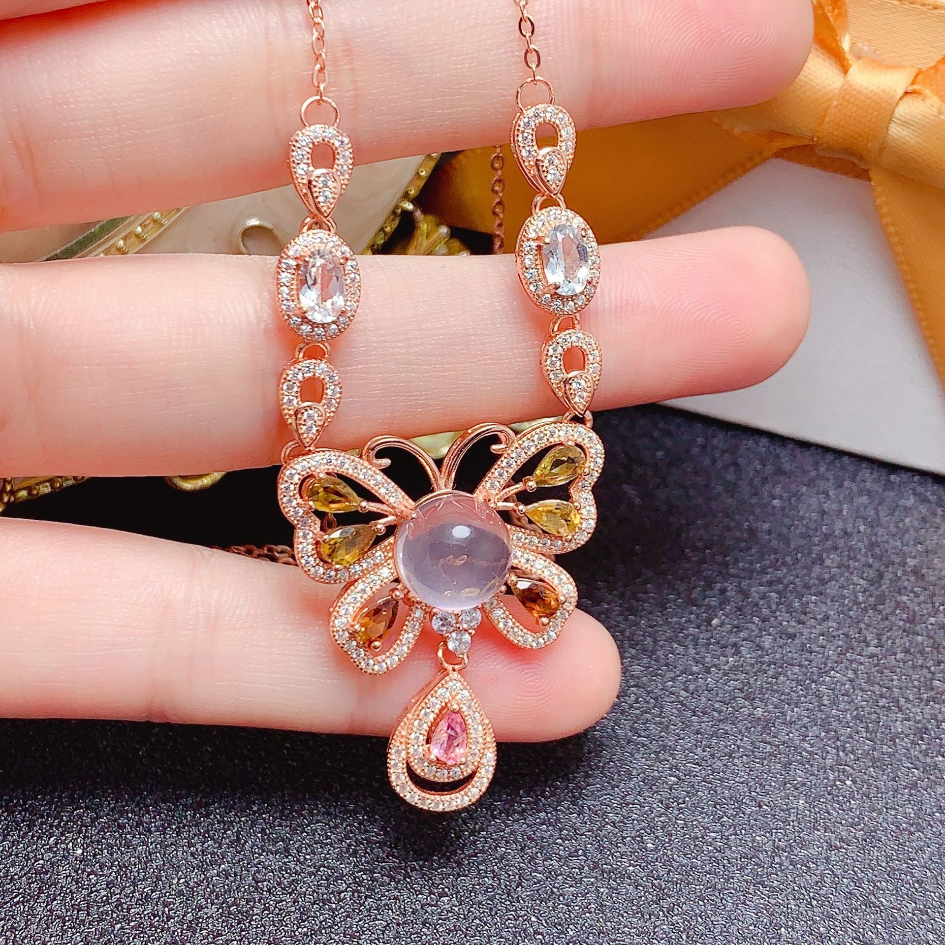 Clavicle Chain Gemstone Jewelry 925 Silver Inlaid with Natural Rose Quartz Tourmaline Aquamarine Engagement Date Necklace