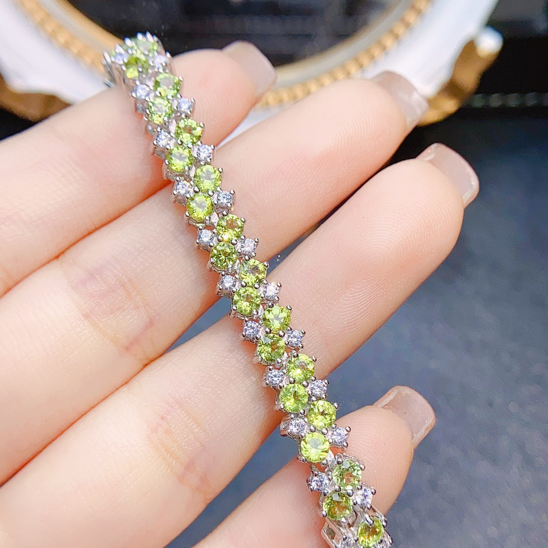 S925 Silver Inlaid Main Stone 3*3 Natural Peridot Bracelet